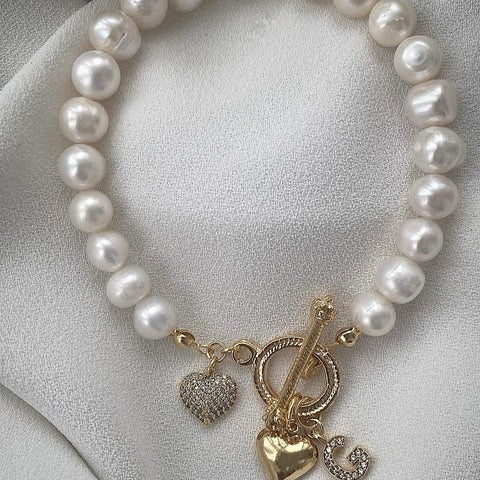 10 mm gercek su incisi barok kilit zirkon harf kalp charm  inci bileklik